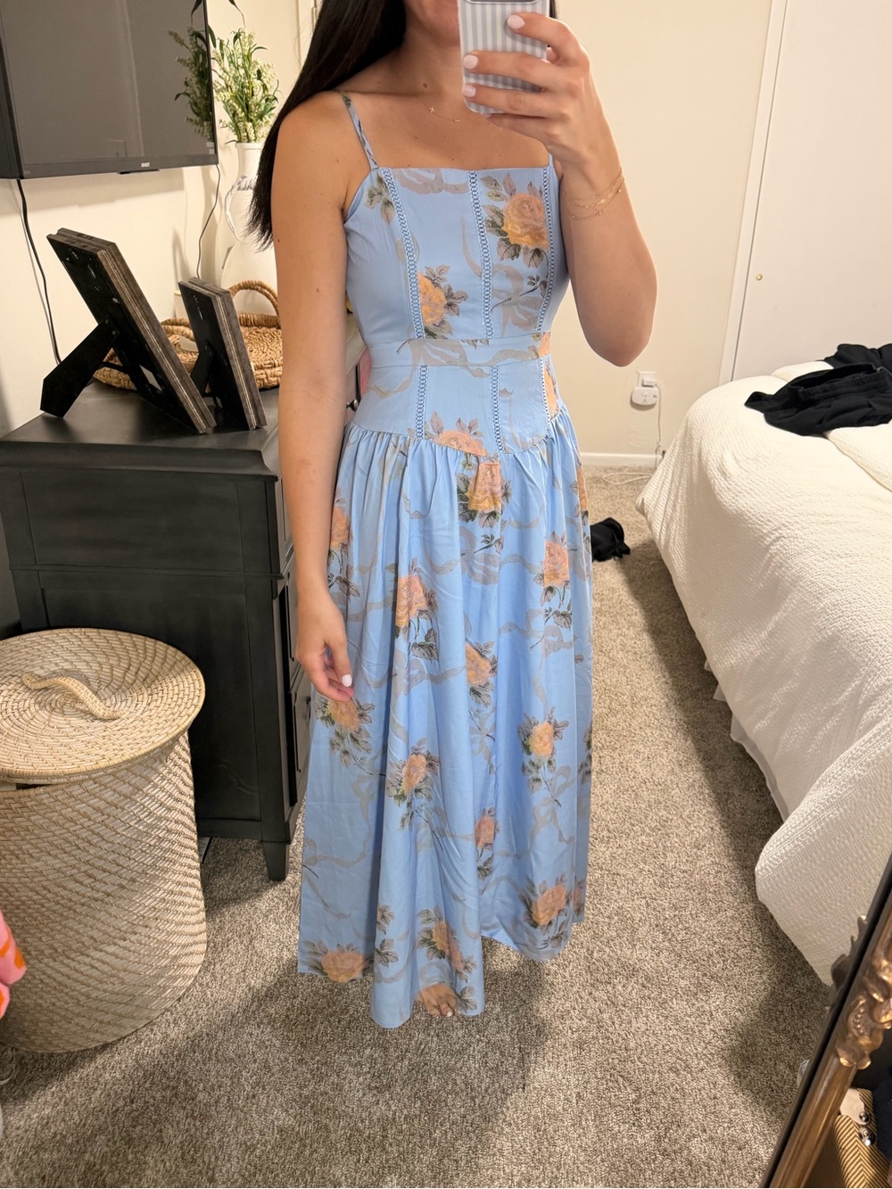 Light Blue Floral Maxi Dress with Spaghetti Straps
